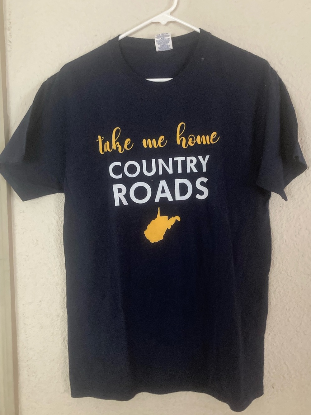 Jerzees Dry Power Navy Blue Take Me Home Country Roads' Graphic Tee EUC Size Med